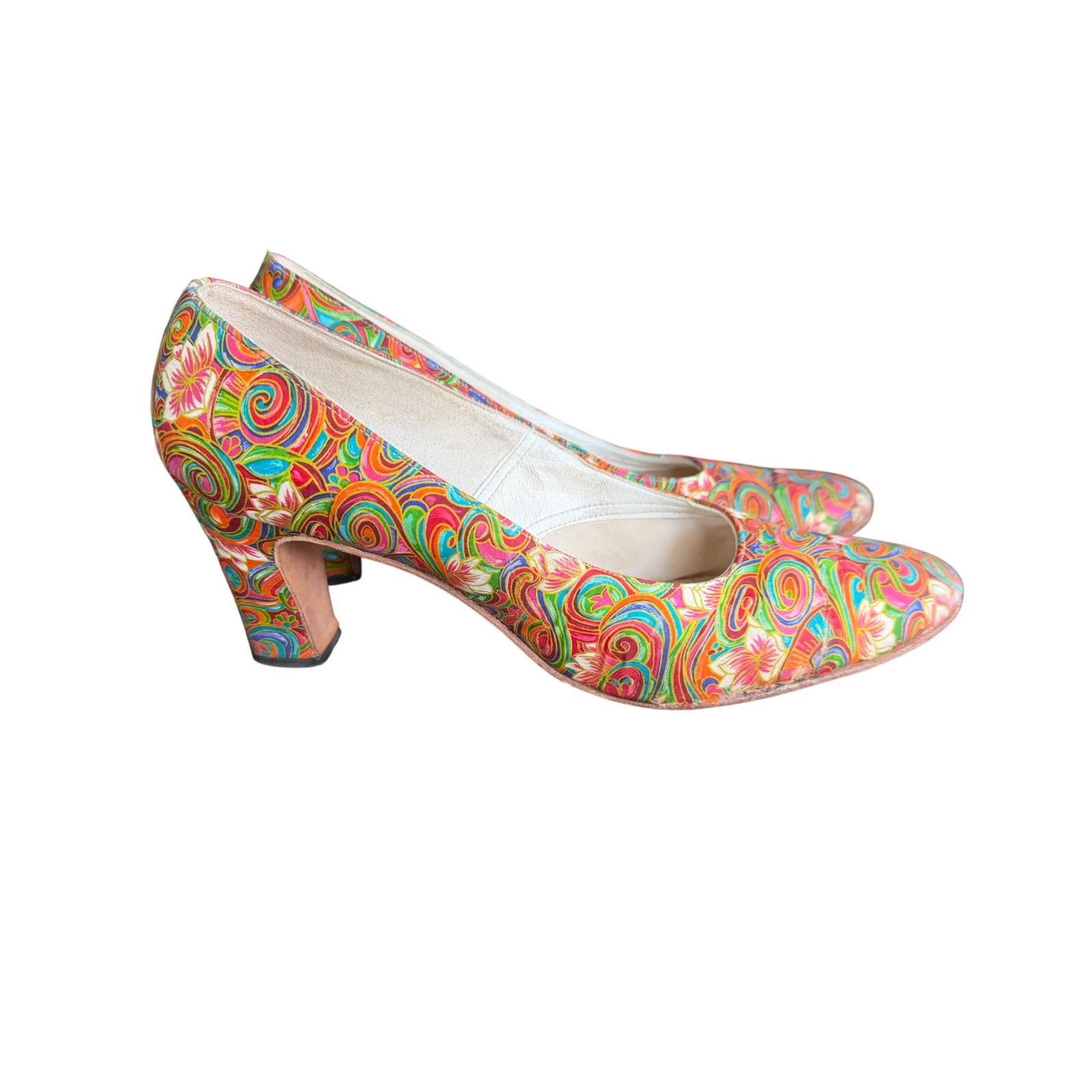 Vtg Sohari Ehinger Design Psychedelic Mod Pumps Leather Silk? Heels Early 70s